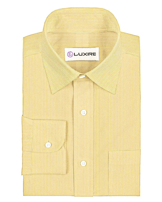 Front of the custom linen shirt for men in light ecru dress stripes by Luxire Clothing