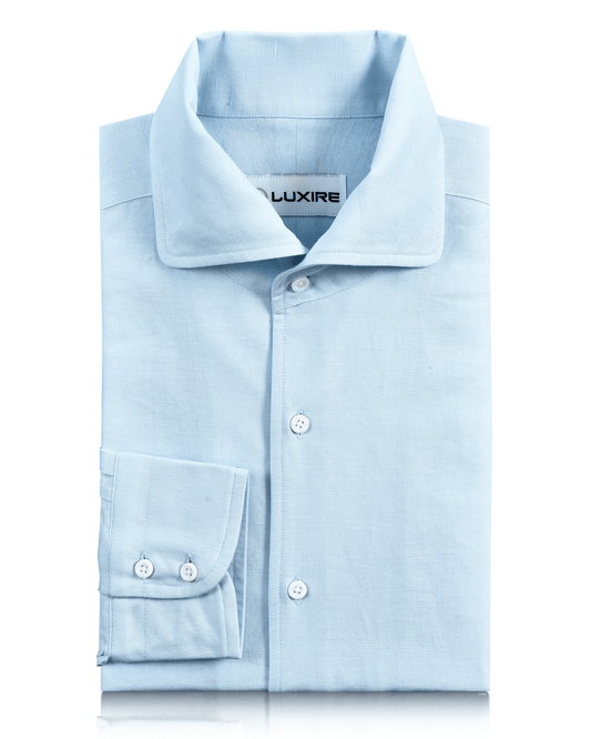Front of custom linen shirt for men in powder blue by Luxire Clothing