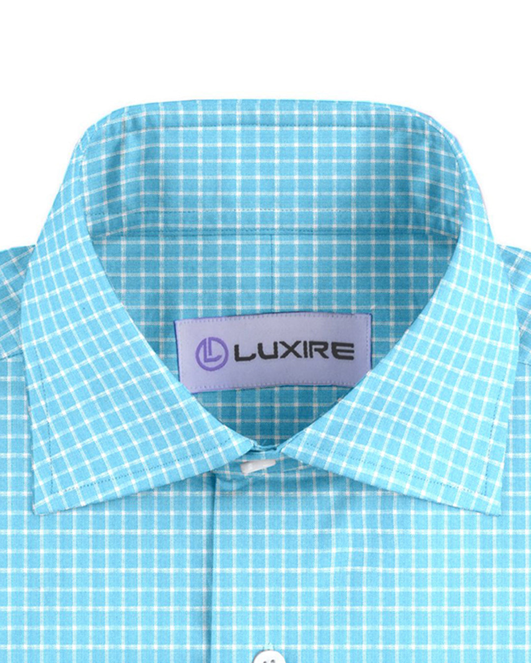 Collar of the custom linen shirt for men in teal and blue checks by Luxire Clothing