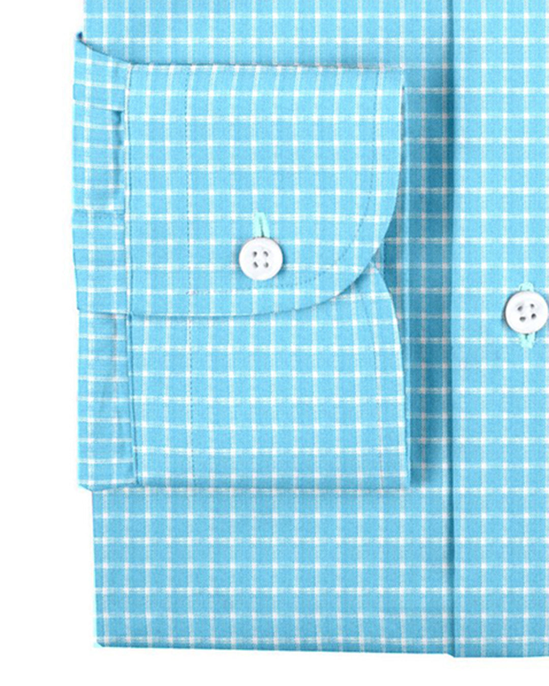 Cuff of the custom linen shirt for men in teal and blue checks by Luxire Clothing