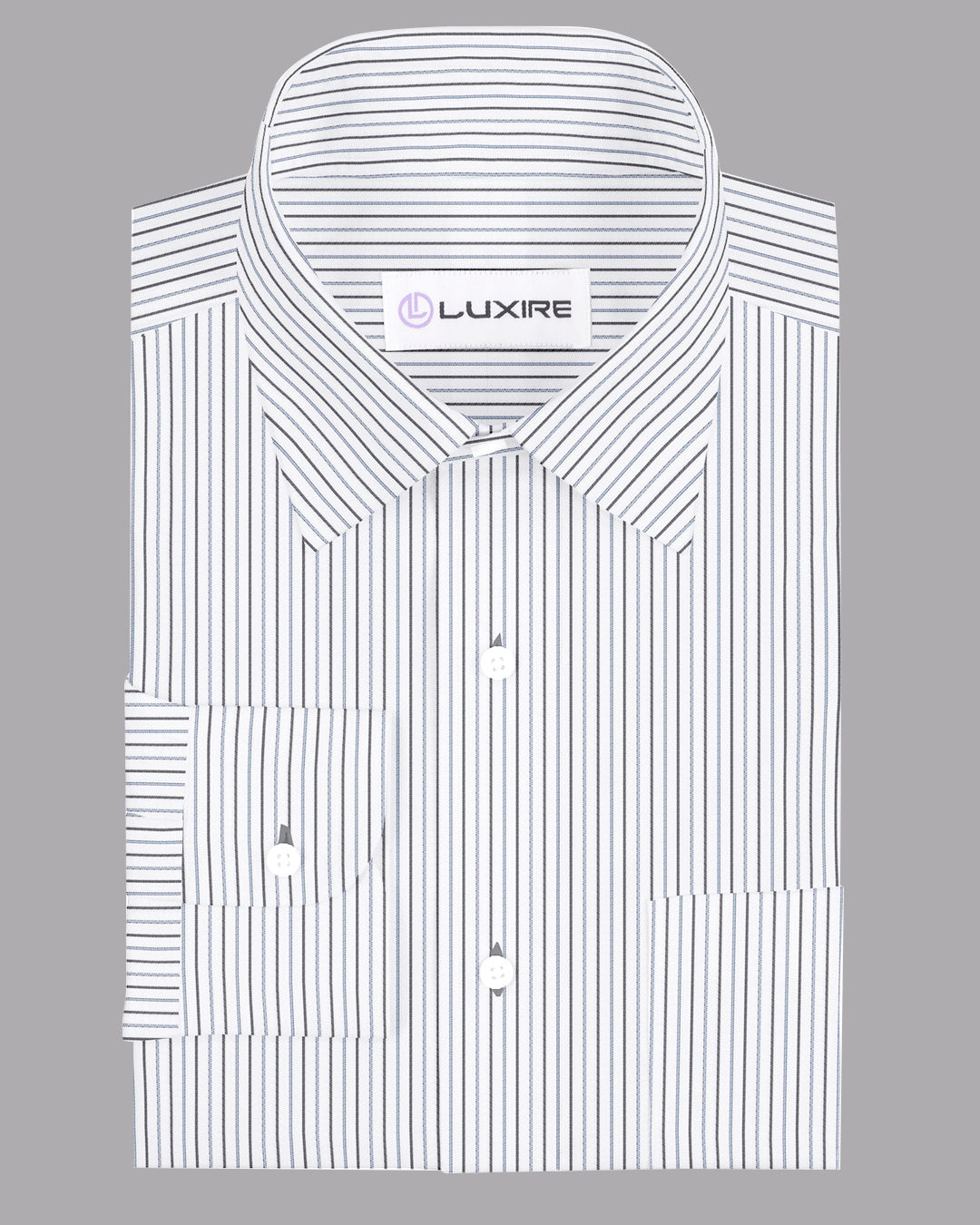 Front of the custom linen shirt for men in white with black and blue stripes by Luxire Clothing