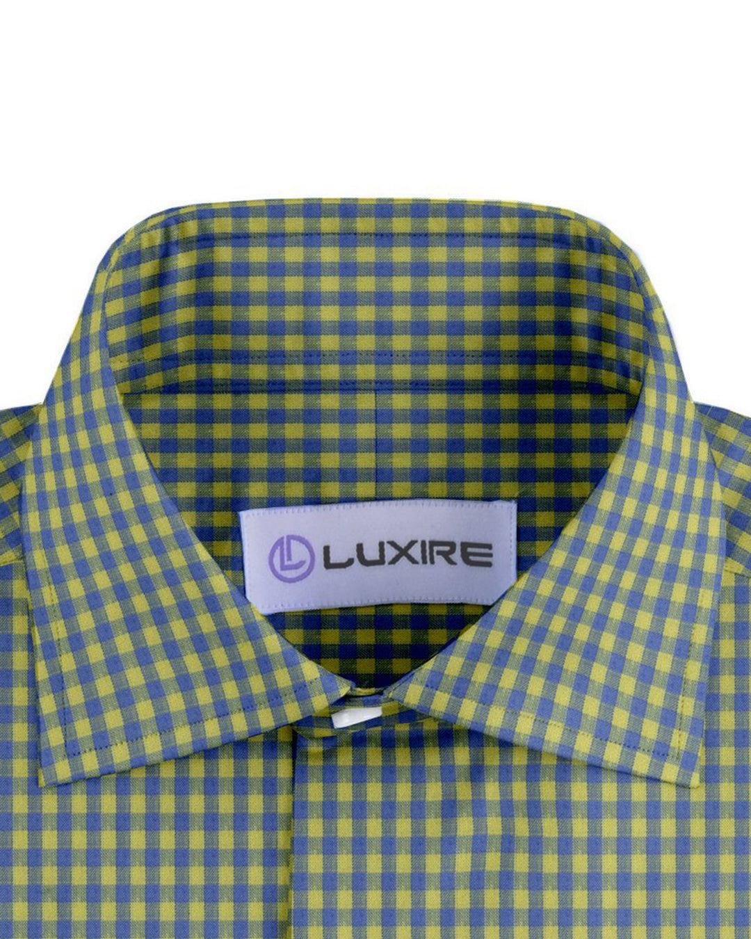 Collar of custom linen shirt for men in yellow and blue gingham
