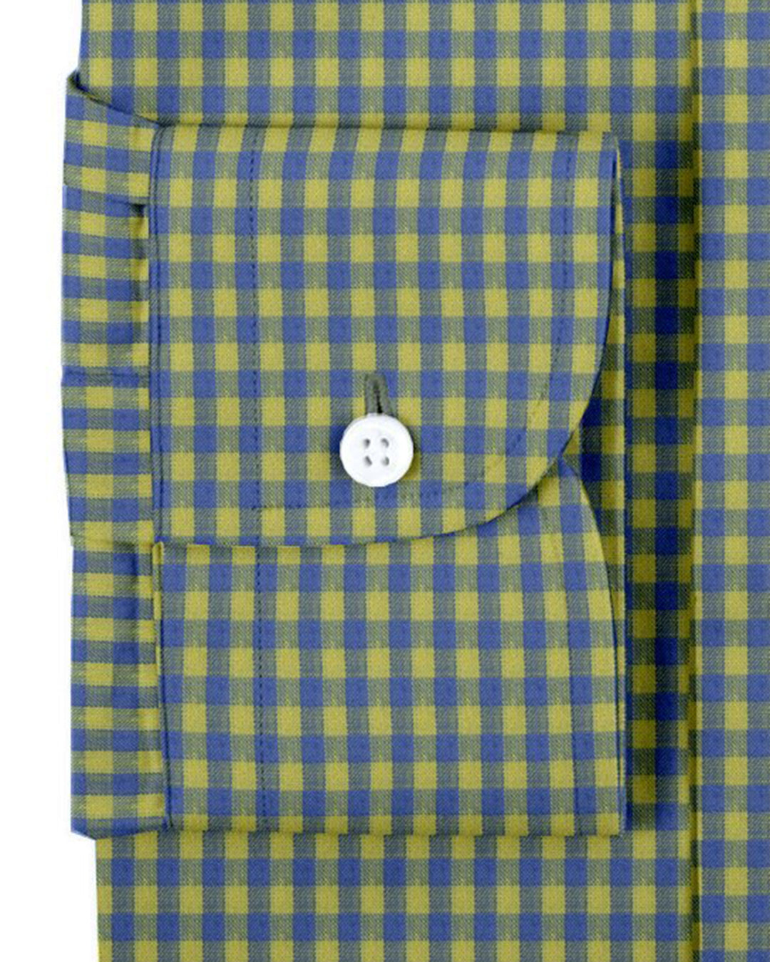 Cuff of custom linen shirt for men in yellow and blue gingham
