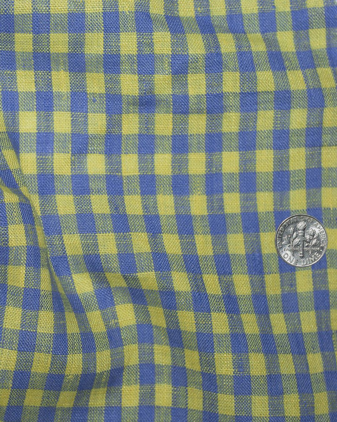 Close up view of custom linen shirt for men in yellow and blue gingham