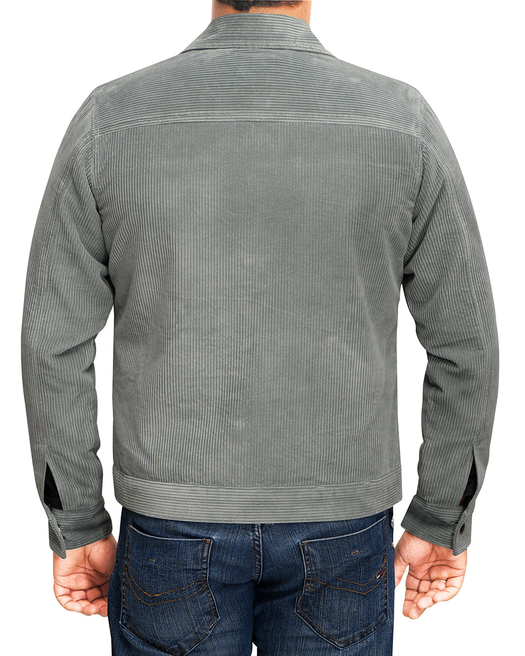 Back of model wearing the corduroy shirt jacket for men by Luxire in duck egg