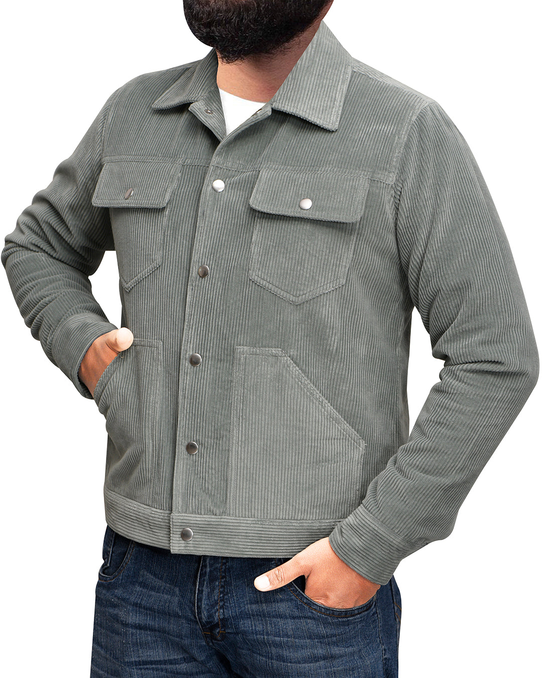 Front of model wearing the corduroy shirt jacket for men by Luxire in duck egg
