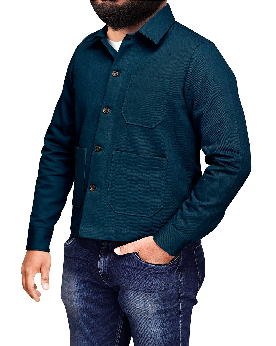 Model wearing the twill shirt jacket for men by Luxire in dark teal one hand in pocket