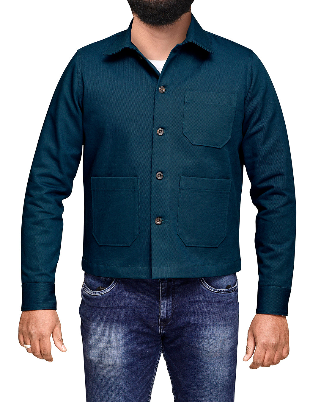 Front of model wearing the twill shirt jacket for men by Luxire in dark teal
