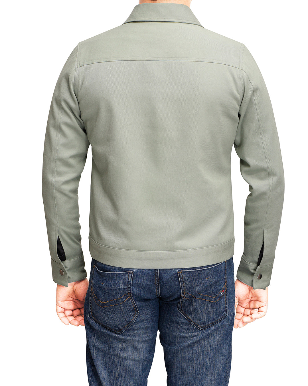 Back of model wearing the twill shirt jacket for men by Luxire in green