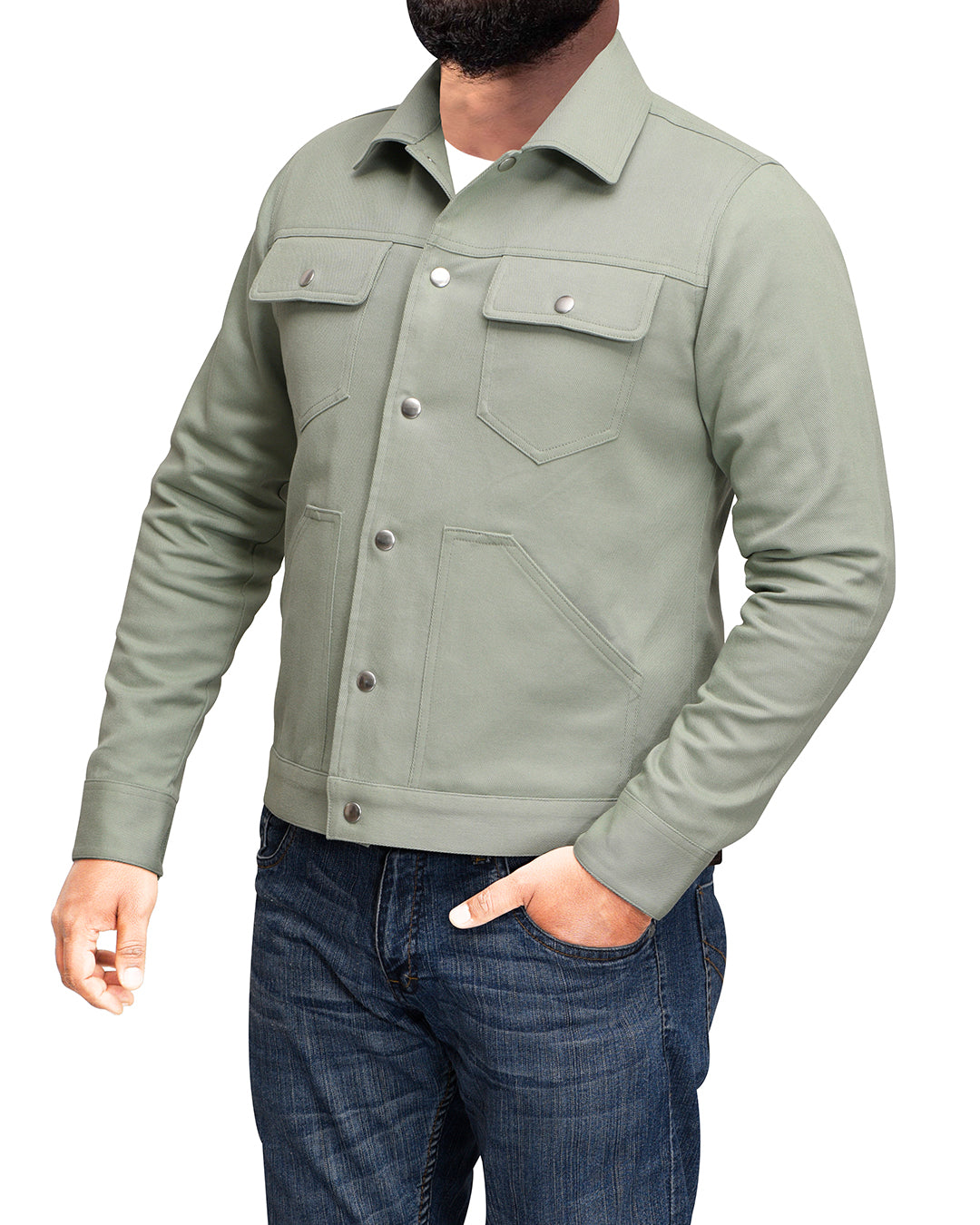 Front of model wearing the twill shirt jacket for men by Luxire in green one hand in pocket