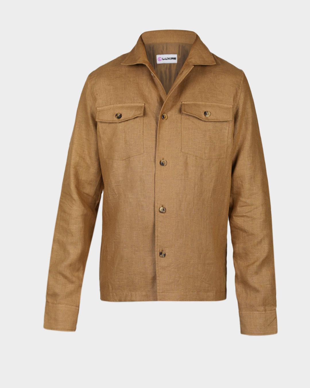 Front of the linen shirt jacket for men by Luxire in golden brown