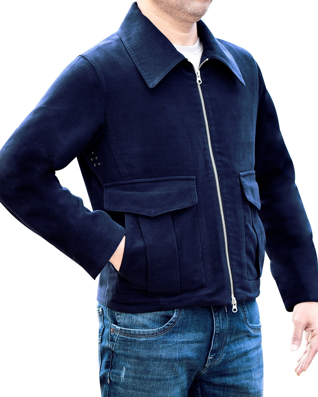 Model wearing the moleskin shirt jacket for men by Luxire in dark blue hand in pocket