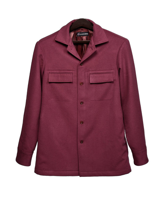 Front of the moleskin shirt jacket for men by Luxire in maroon