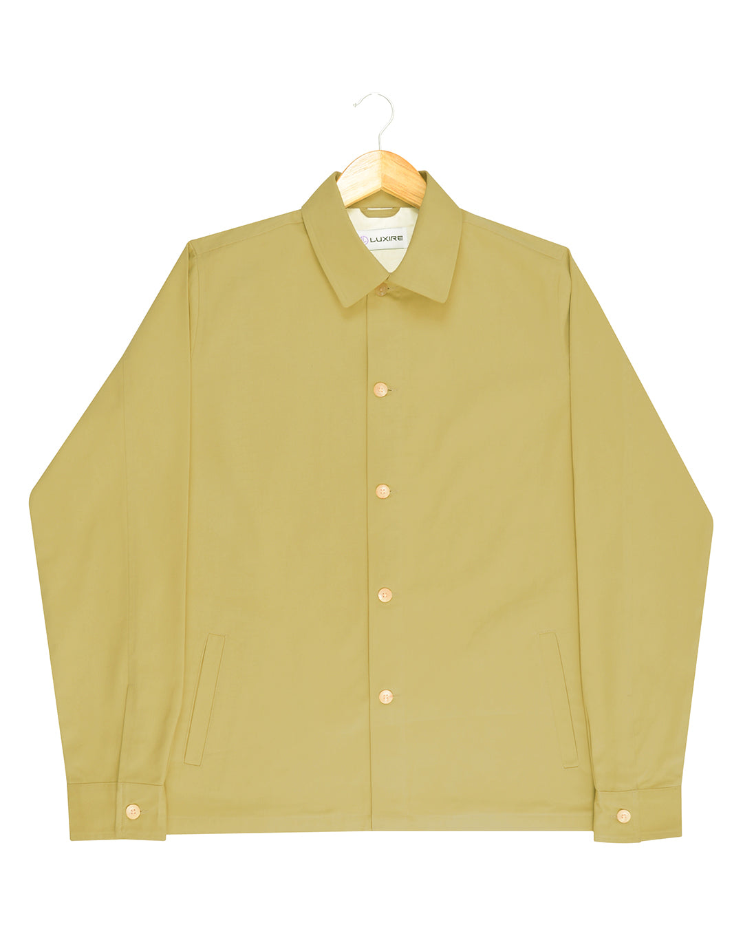 Front of the twill shirt jacket for men by Luxire in mellow mustard