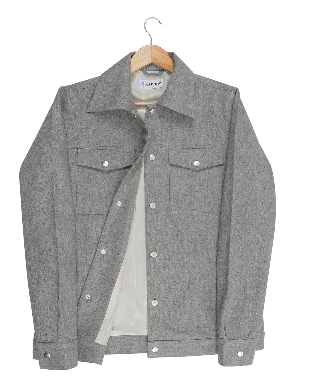 Front of the recycled wool shirt jacket for men by Luxire in grey