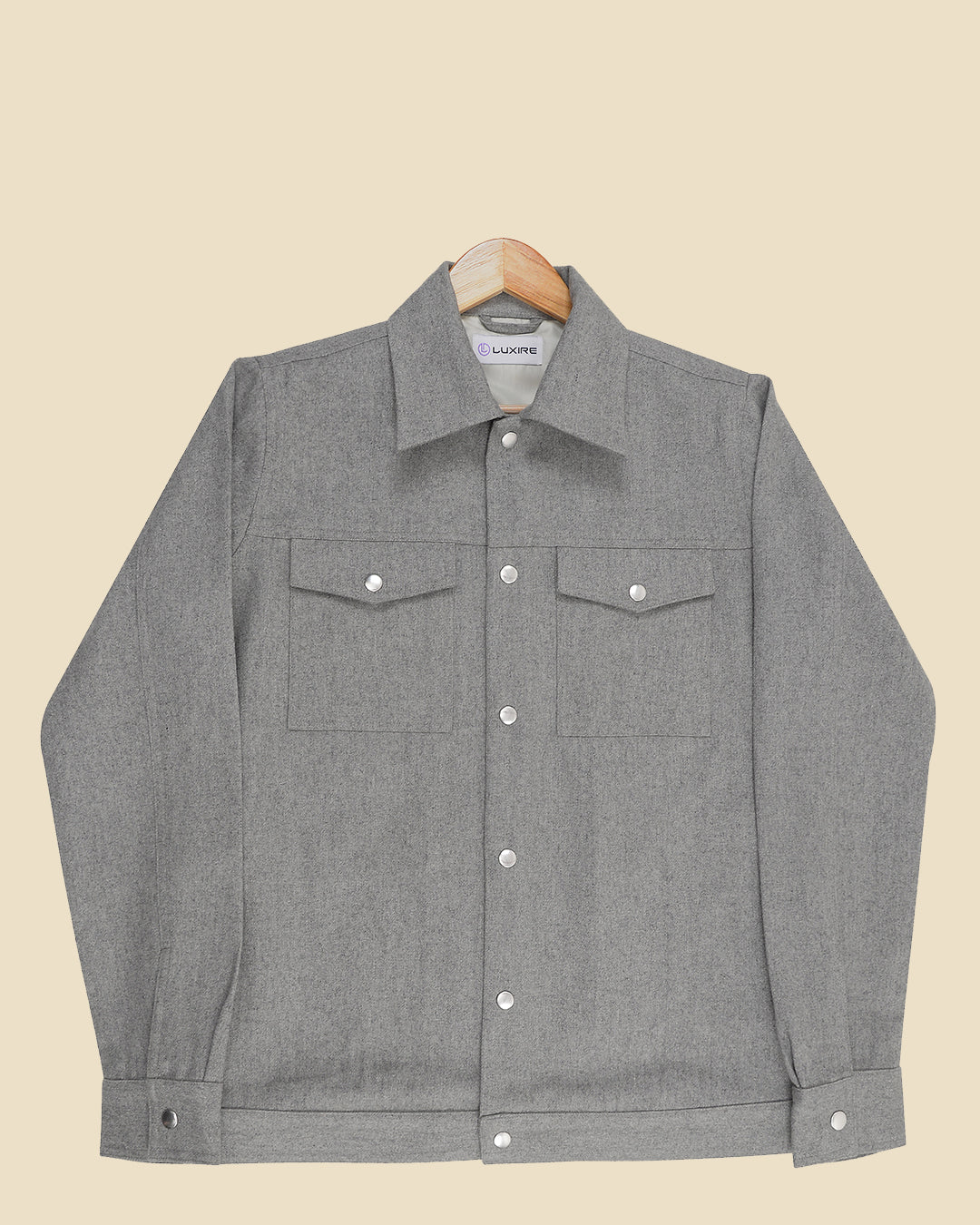 Front of the recycled wool shirt jacket for men by Luxire in grey 2
