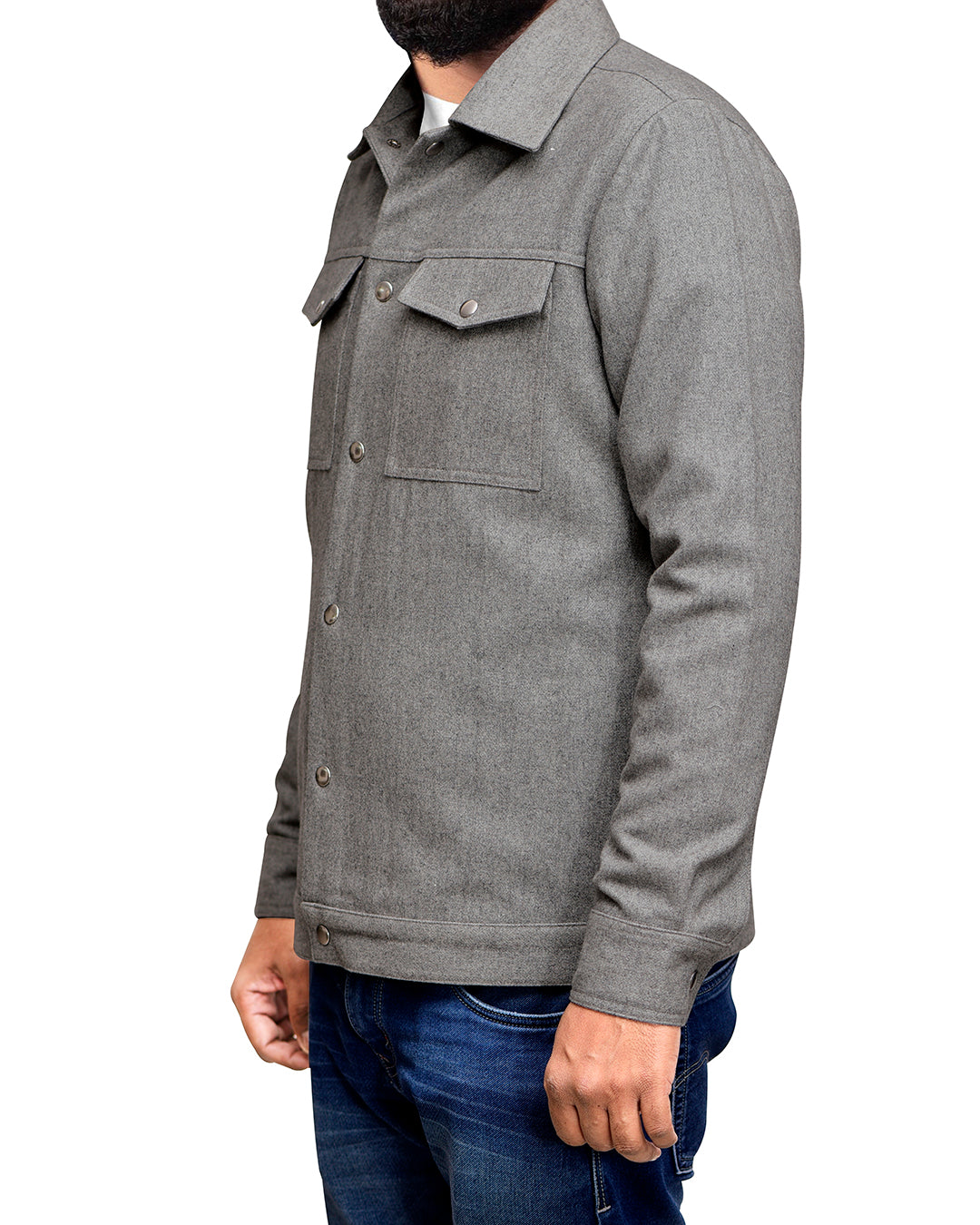 Side of model wearing the recycled wool shirt jacket for men by Luxire in grey