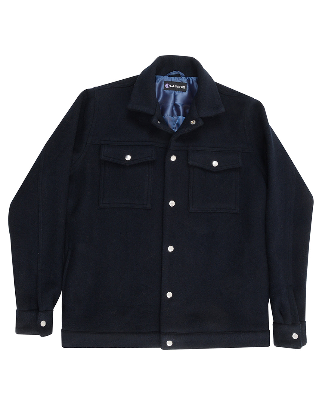 Front of the wool shirt jacket for men by Luxire in navy 2