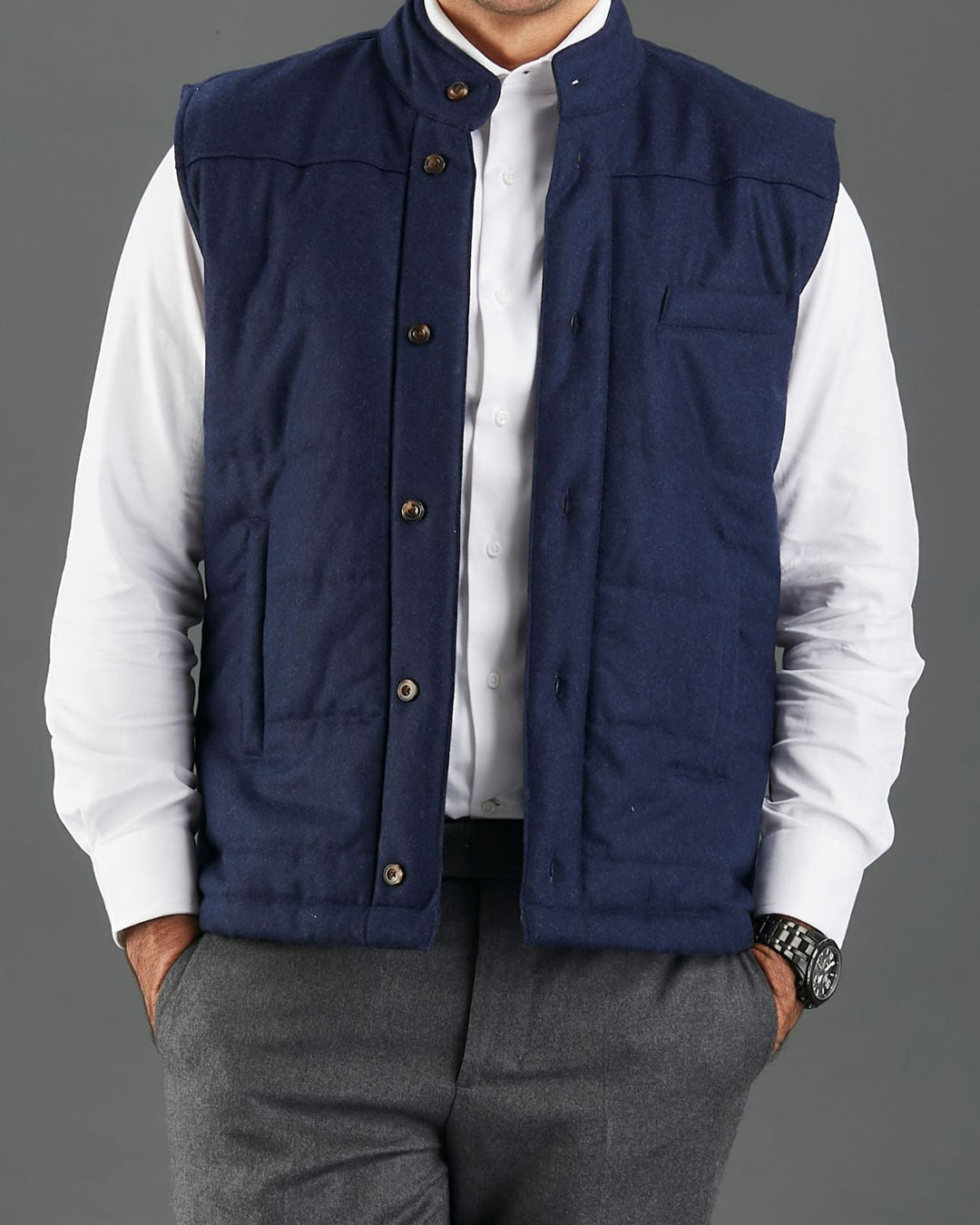 Dark Blue Flannel Outfit Men VBC Navy Flannel Quilted Gilet Vest