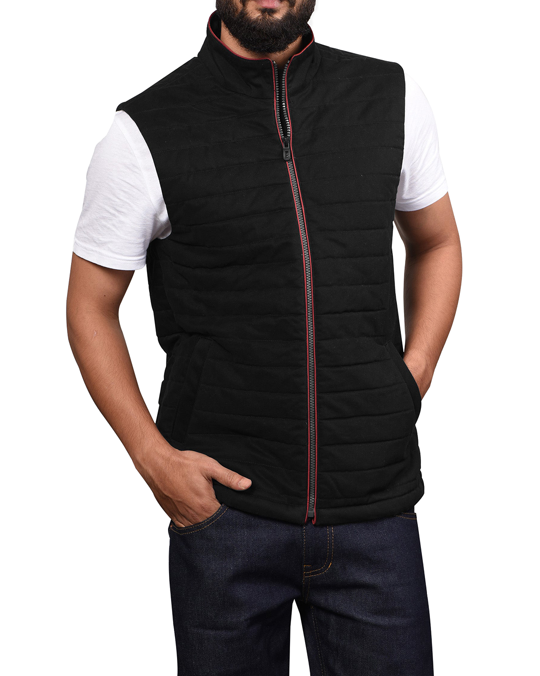 Model wearing the  Quilted Gilets in Black Soft Twill for men by Luxire