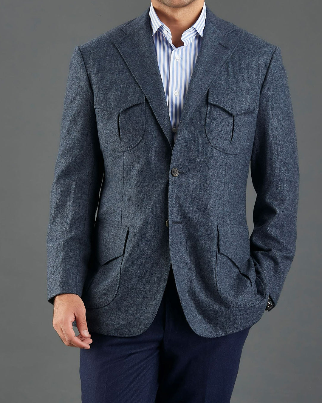 EThomas Prussian Blue Harringbone Jacket