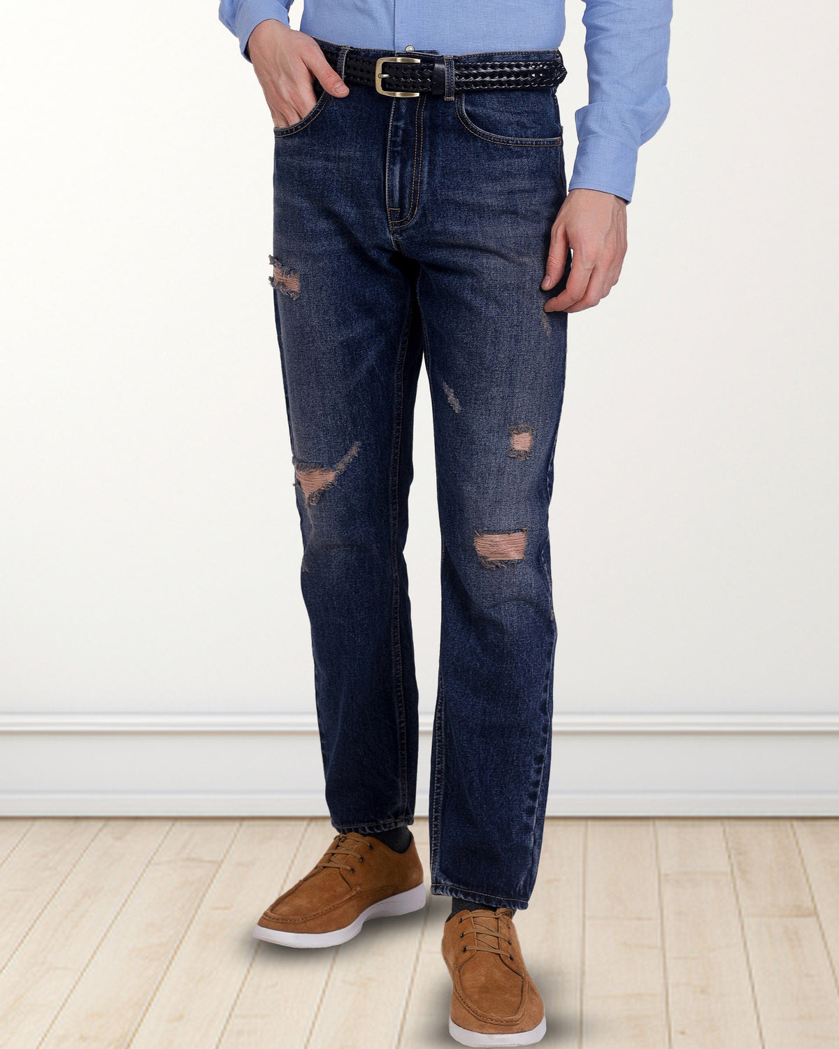 Faded Medium Indigo Washed Distressed Jeans - 1