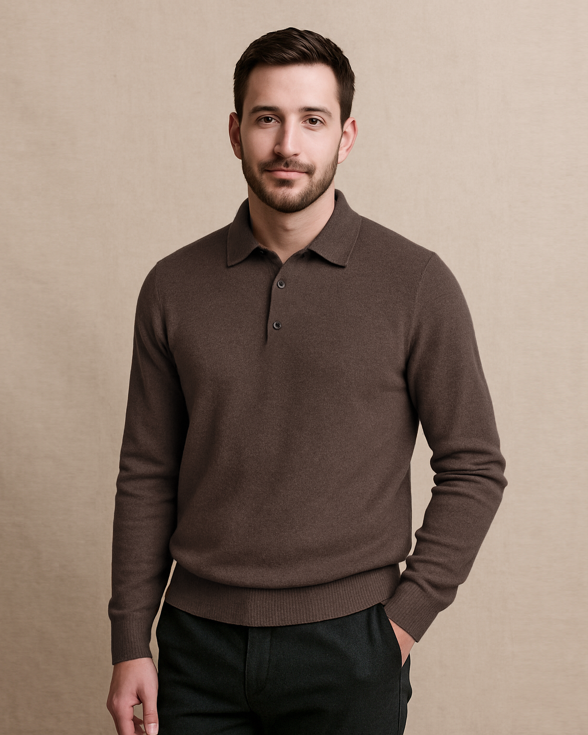 EZS Merino Wool Brown Long Sleeve Polo - 2