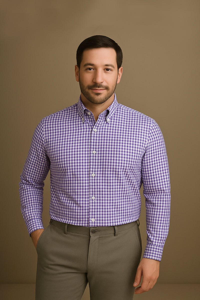 fitted lace wedding dress Men's Lilac Cotton Check Classic Fit Formal Shirt With Single Cuffs
