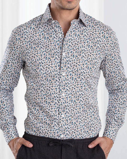 Blue Fine Floral Prints on White Shirt