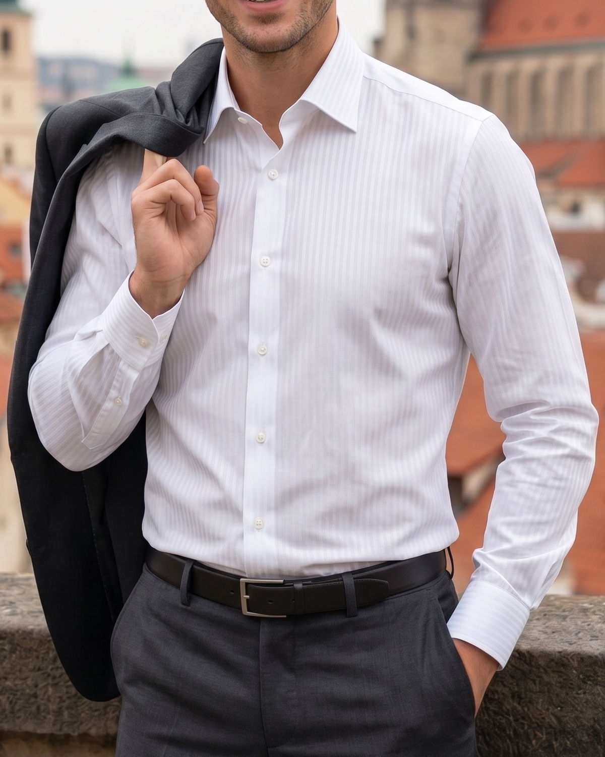 Nevron Wrinkle-Resistant White Self Stripes Herringbone Shirt - 2