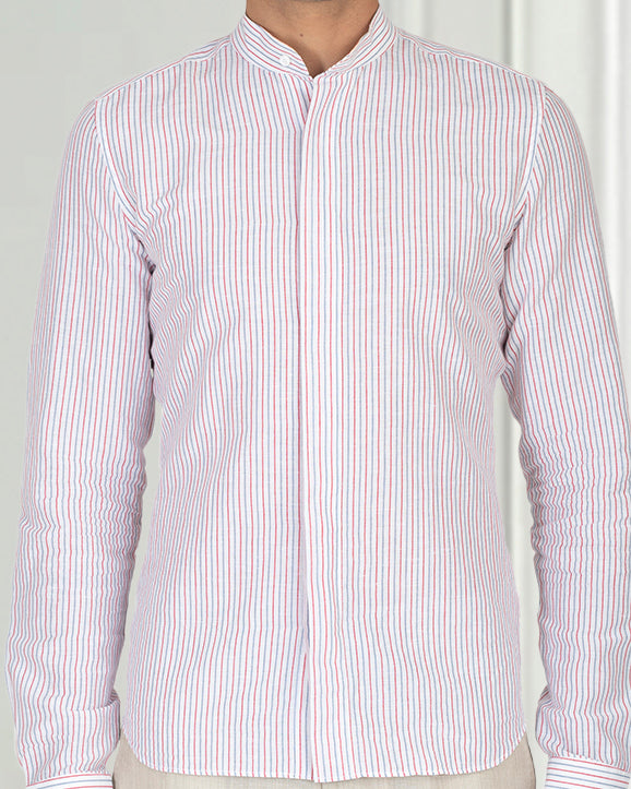 Cotton Linen: Red Blue Alternate stripes On White Shirt - 1