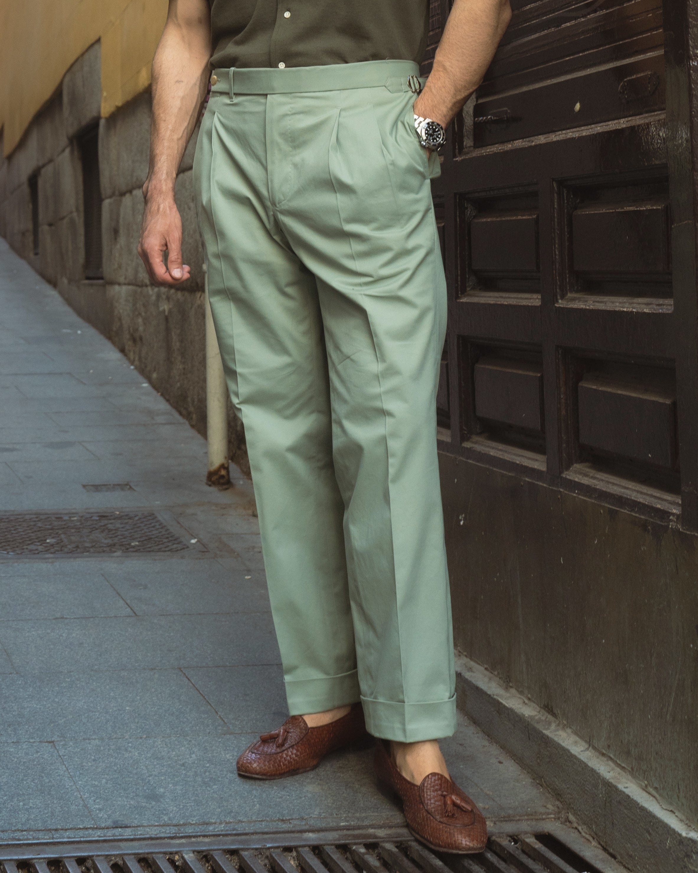 Pleated Pistachio Green Cotton Twill Pant – Luxire Custom Clothing