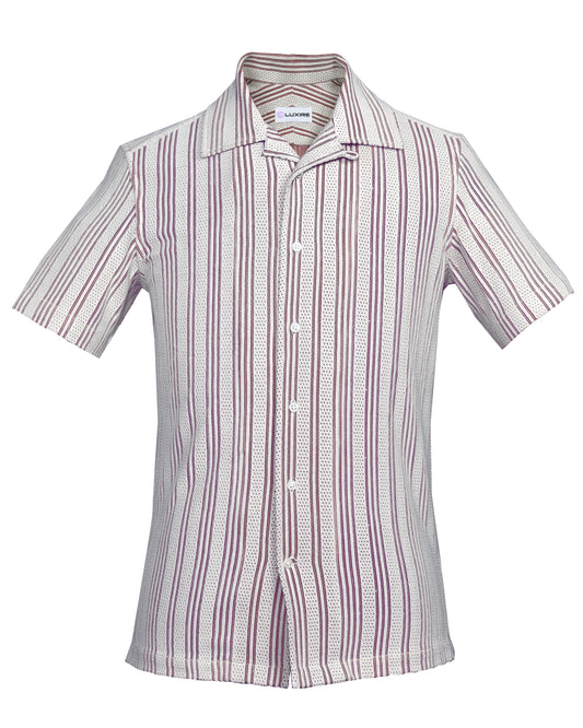 Summer Camp Collar Casual Shirt in White and Maroon Stripes