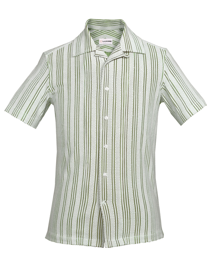 Summer Camp Collar Casual Shirt in White and Green Stripes