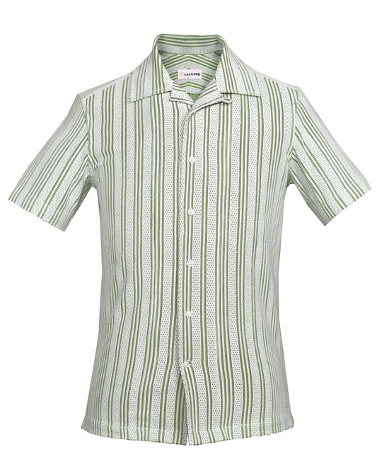 Summer Camp Collar Casual Shirt in White and Green Stripes