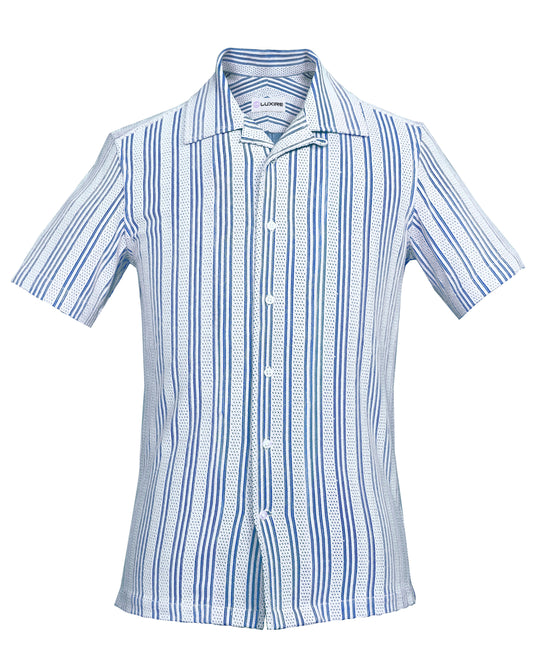 Summer Camp Collar Casual Shirt in White and Blue Stripes