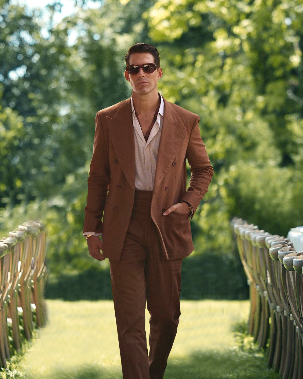 tobacco linen suit Brown Neo Cut Questions on sizing or fit? Linen Fresco Tobacco Double Breasted