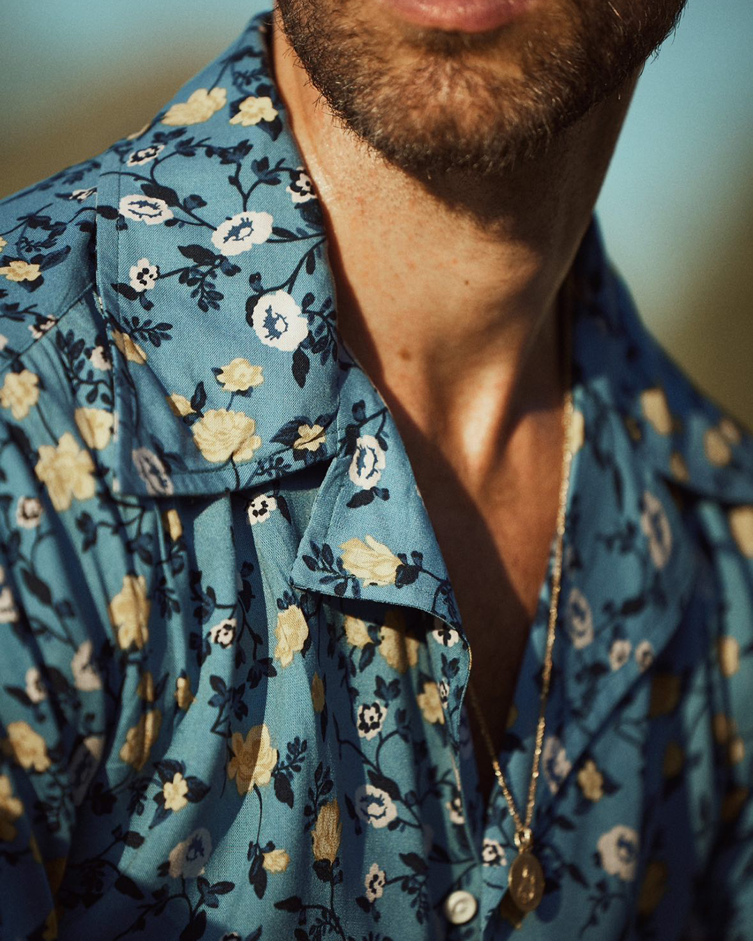 White and Yellow Flower on Light Blue Printed Shirt