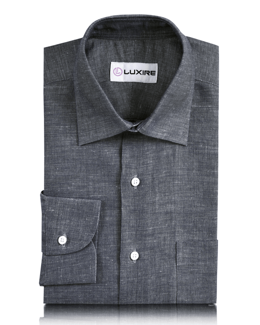 Front of the custom linen shirt for men in greyish navy by Luxire Clothing