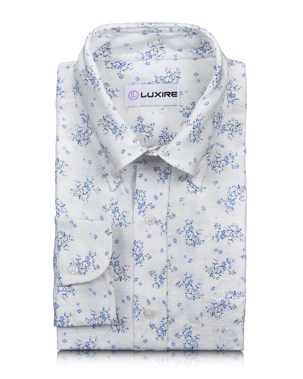 Linen: Pale Blue Printed shrubs On White