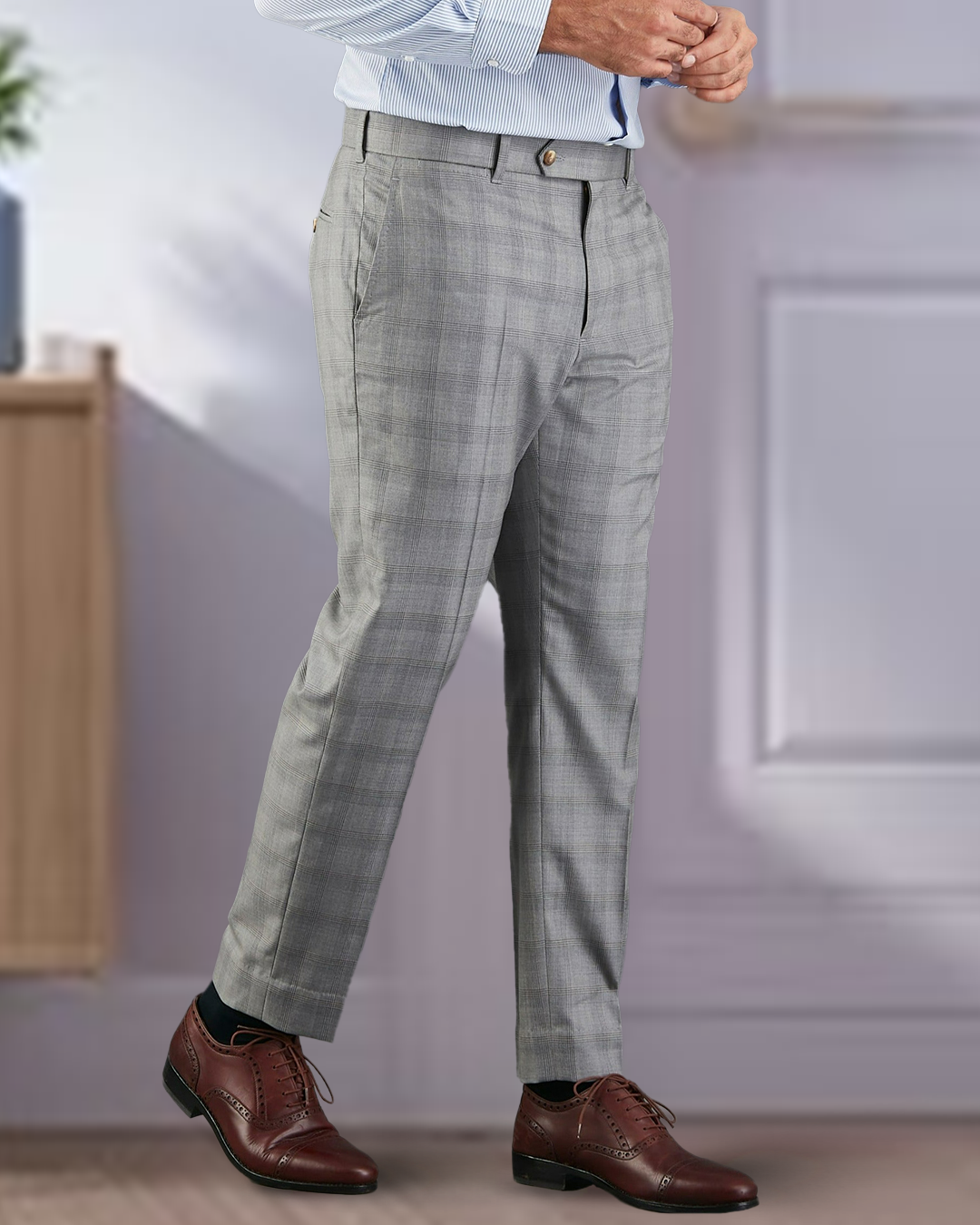 Drago: Super 160s Light Grey Prince of Wales Checks Dress Pant – Luxire  Custom Clothing