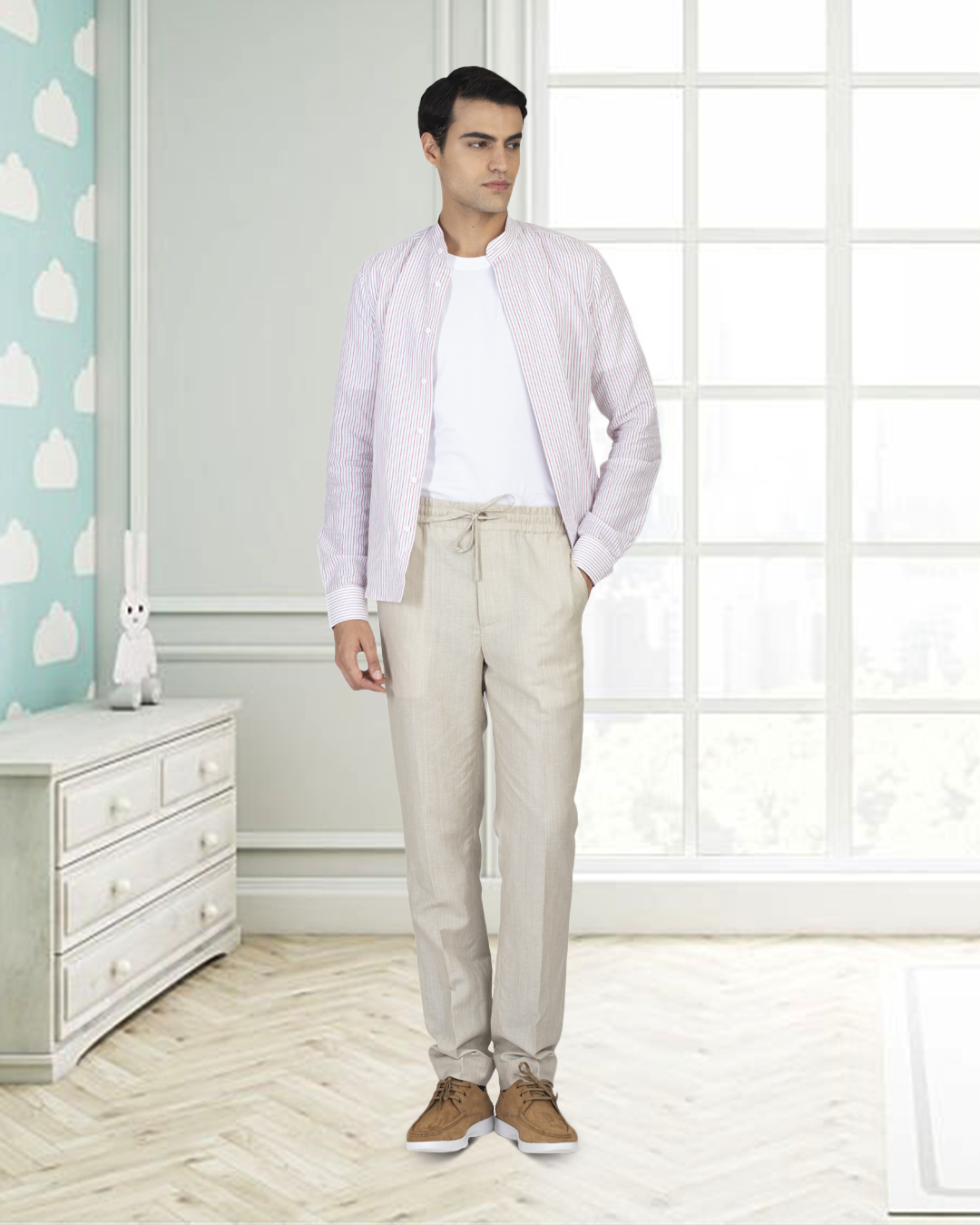 VBC: Ecru Wool-Linen Drawstring Pant - 3