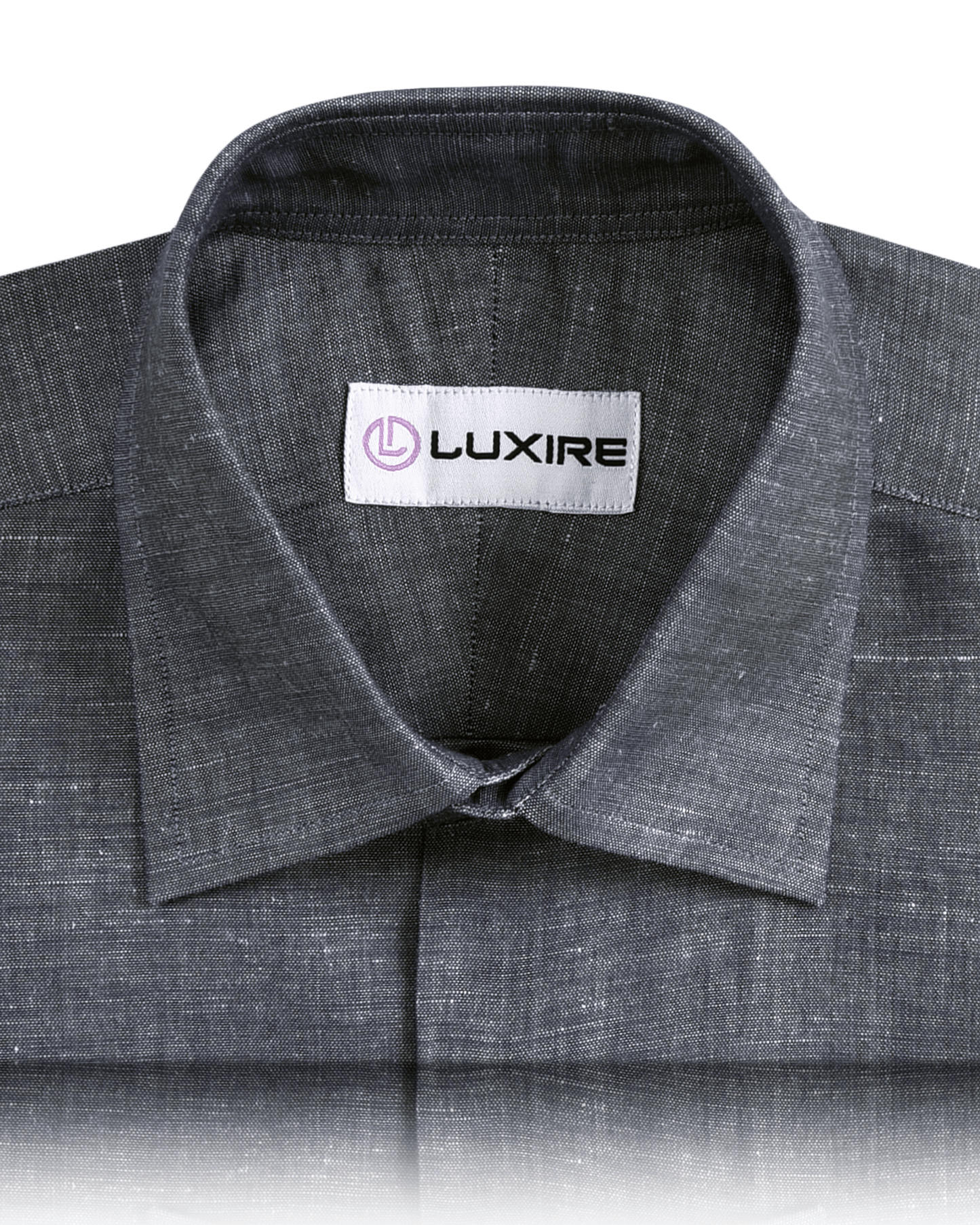 Collar of the custom linen shirt for men in greyish navy by Luxire Clothing