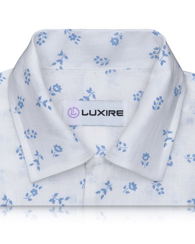 Linen: Pale Blue Printed Leaves On White