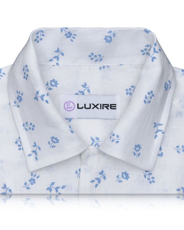 Linen: Pale Blue Printed Leaves On White
