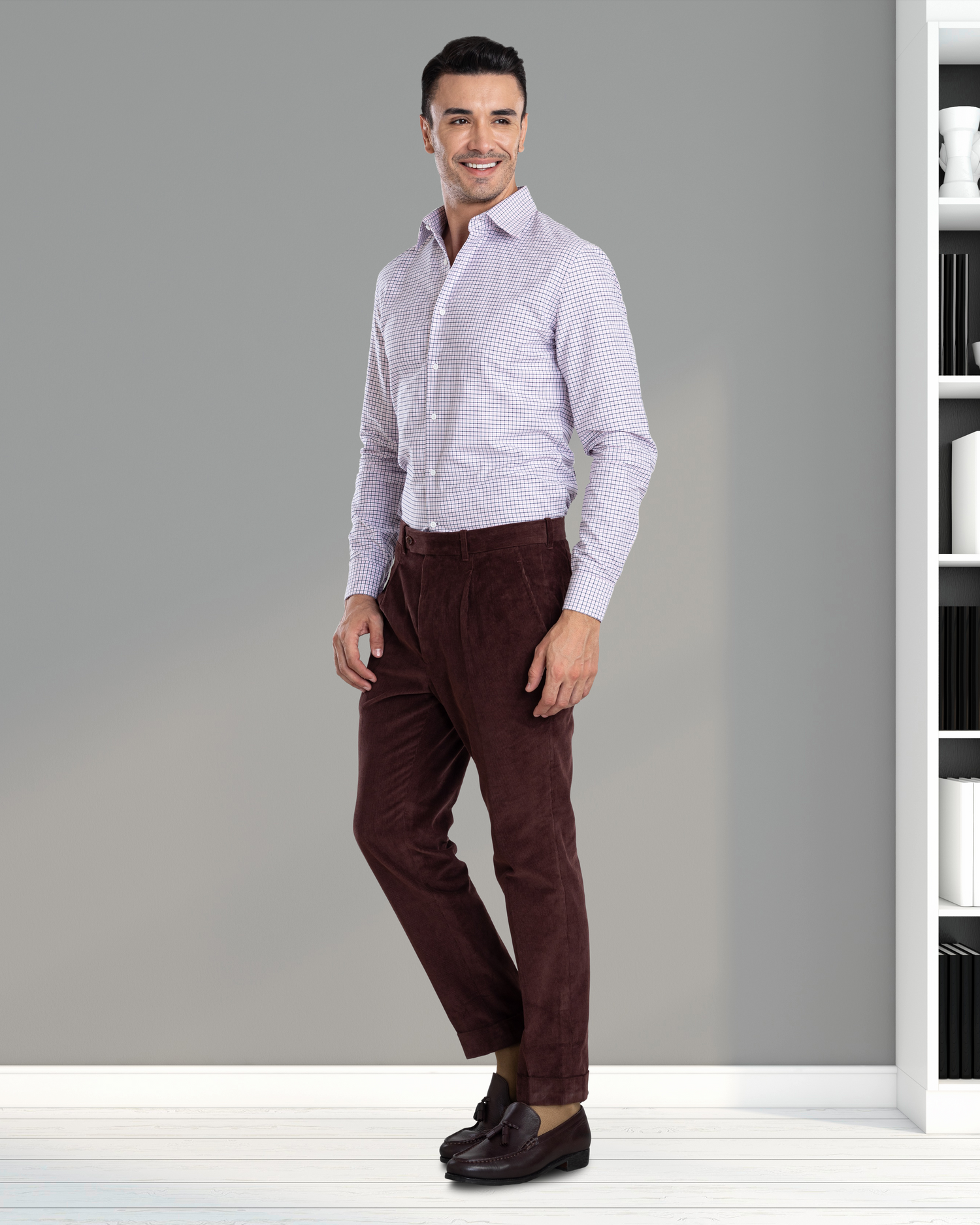 Brown pants burgundy shirt online