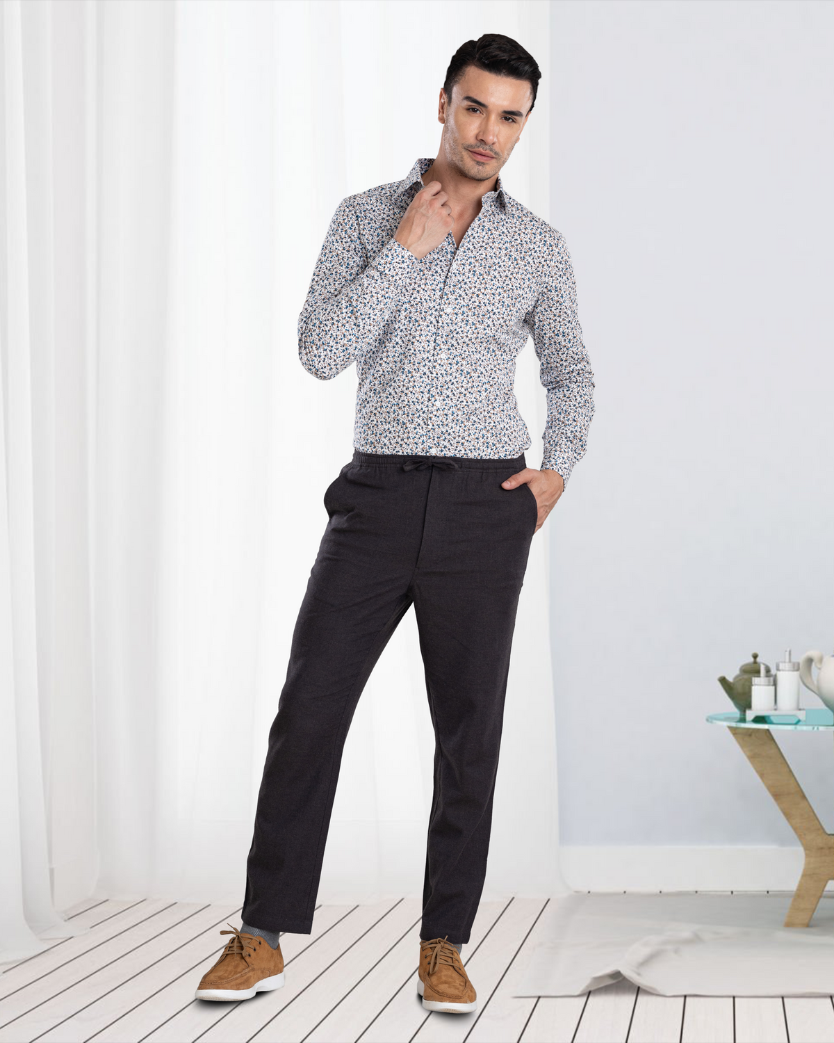 Charcoal Grey Milange Cotton Flannel Drawstring Pant - 2