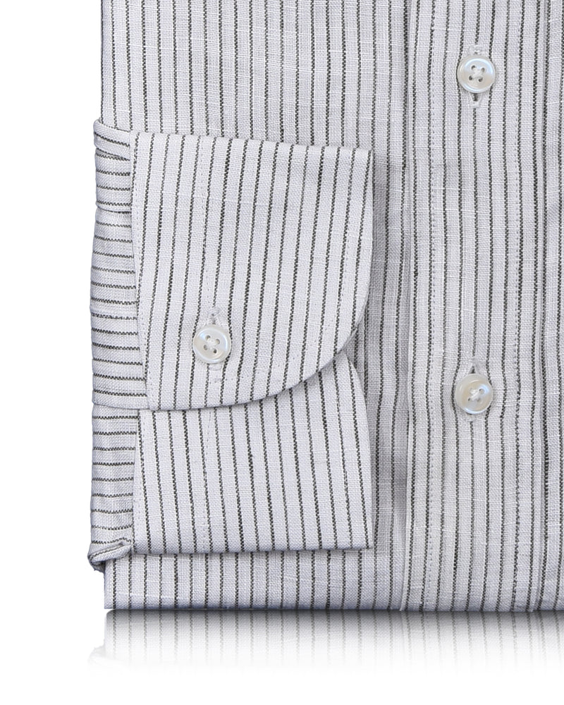 Linen: Olive Green Pin Stripes On White Shirt