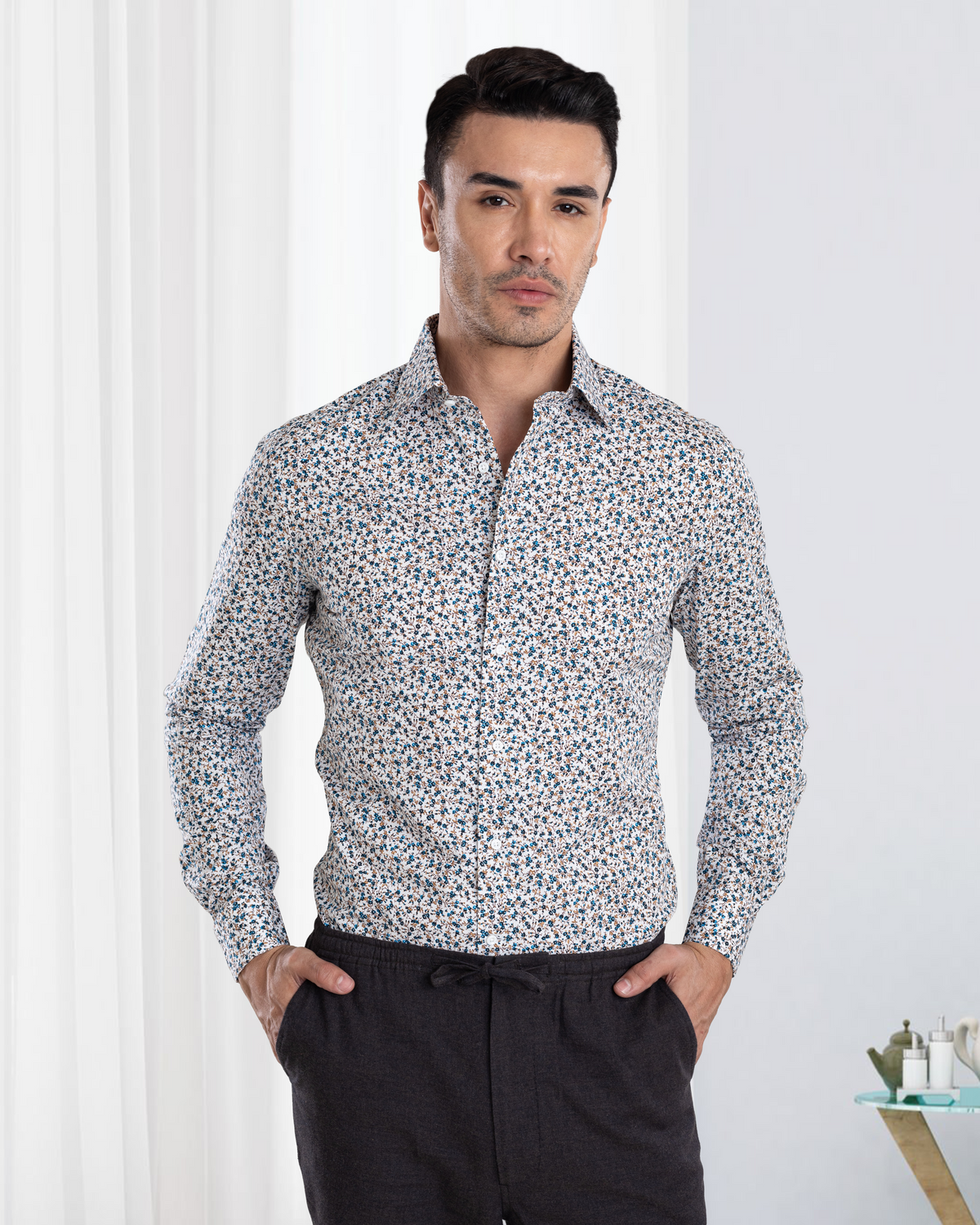 Blue Fine Floral Prints on White Shirt - 2