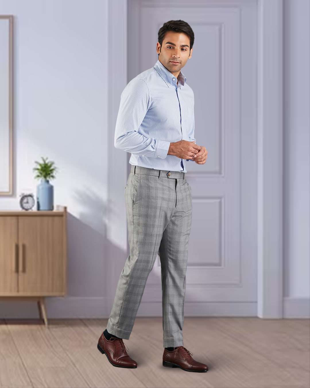 Drago: Super 160s Light Grey Prince of Wales Checks Dress Pant - 4